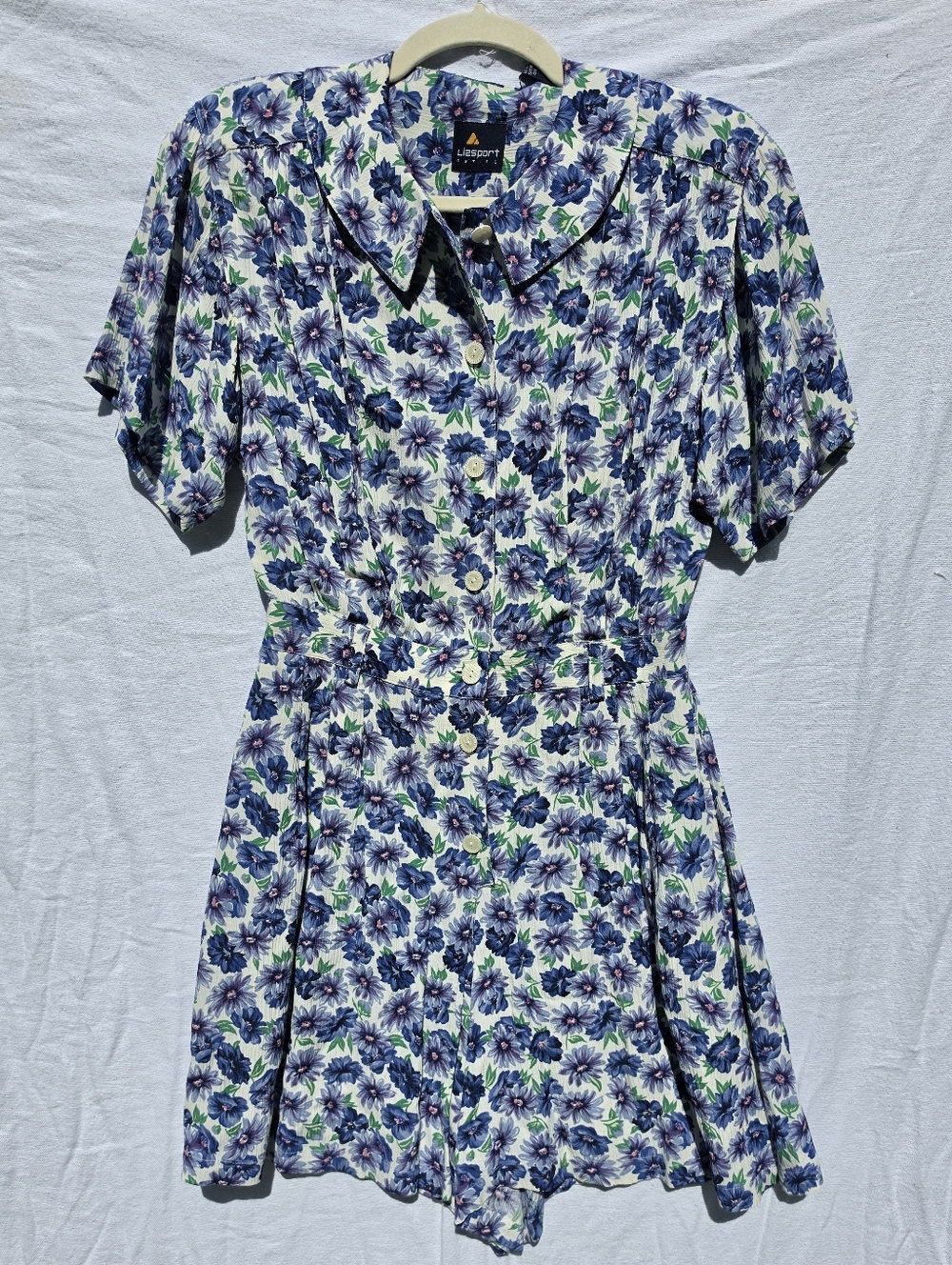 Vintage LizSport 90s Petite Floral Romper Women’s Sz 4 Purple Blue Button Front